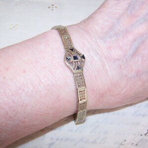 Antique Art Deco Ostby & Barton 14K Gold Blue Sapphire Filigree Link Bracelet